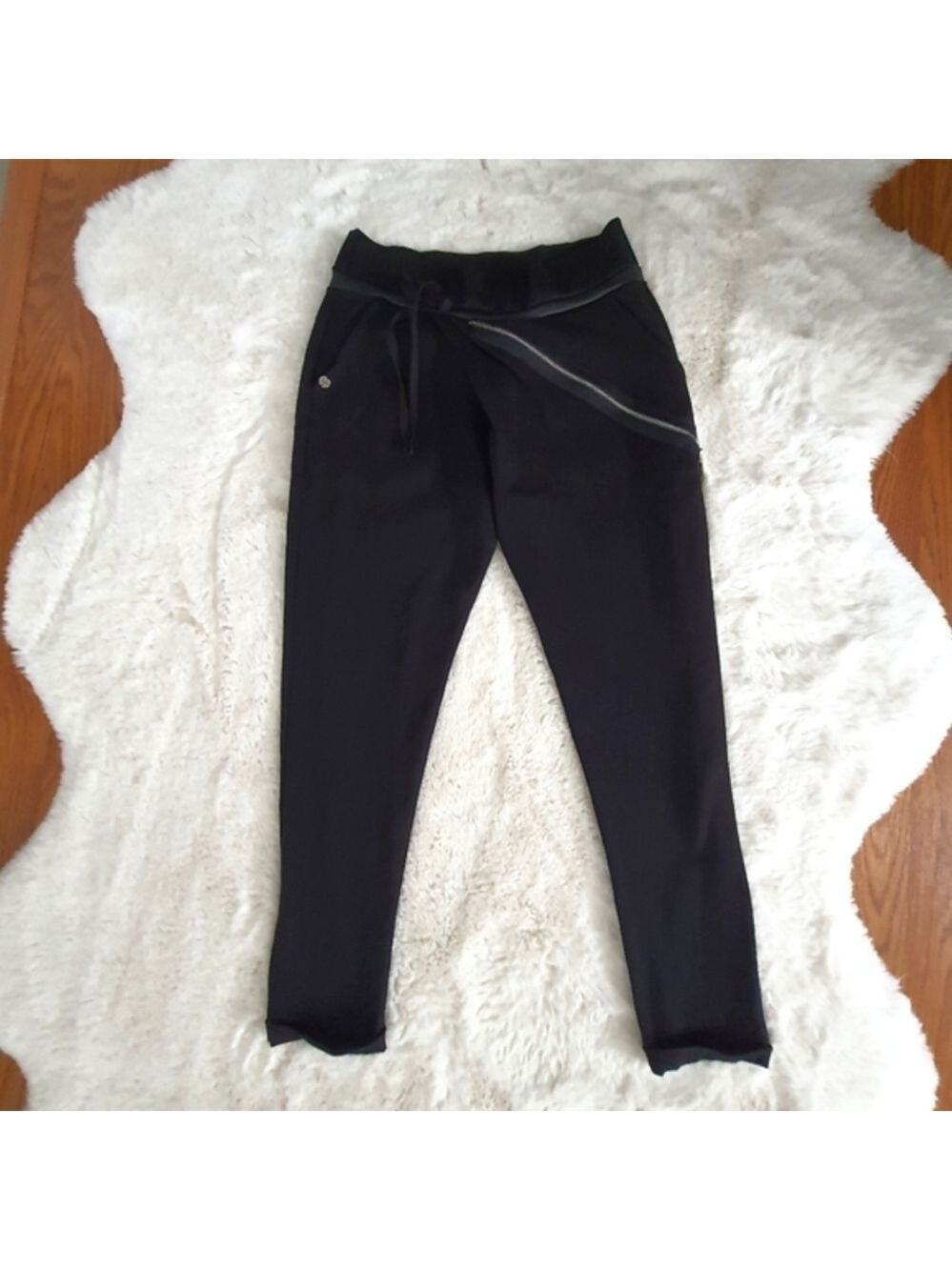EF Eidos Fashion Pants Womens M (38-40) Black Stretch Asymetrical Zip Waist Tie